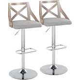 Charlotte Adjustable Height Swivel Bar Stool in Chrome, Light Grey Wood, Grey Fabric (Set of 2)